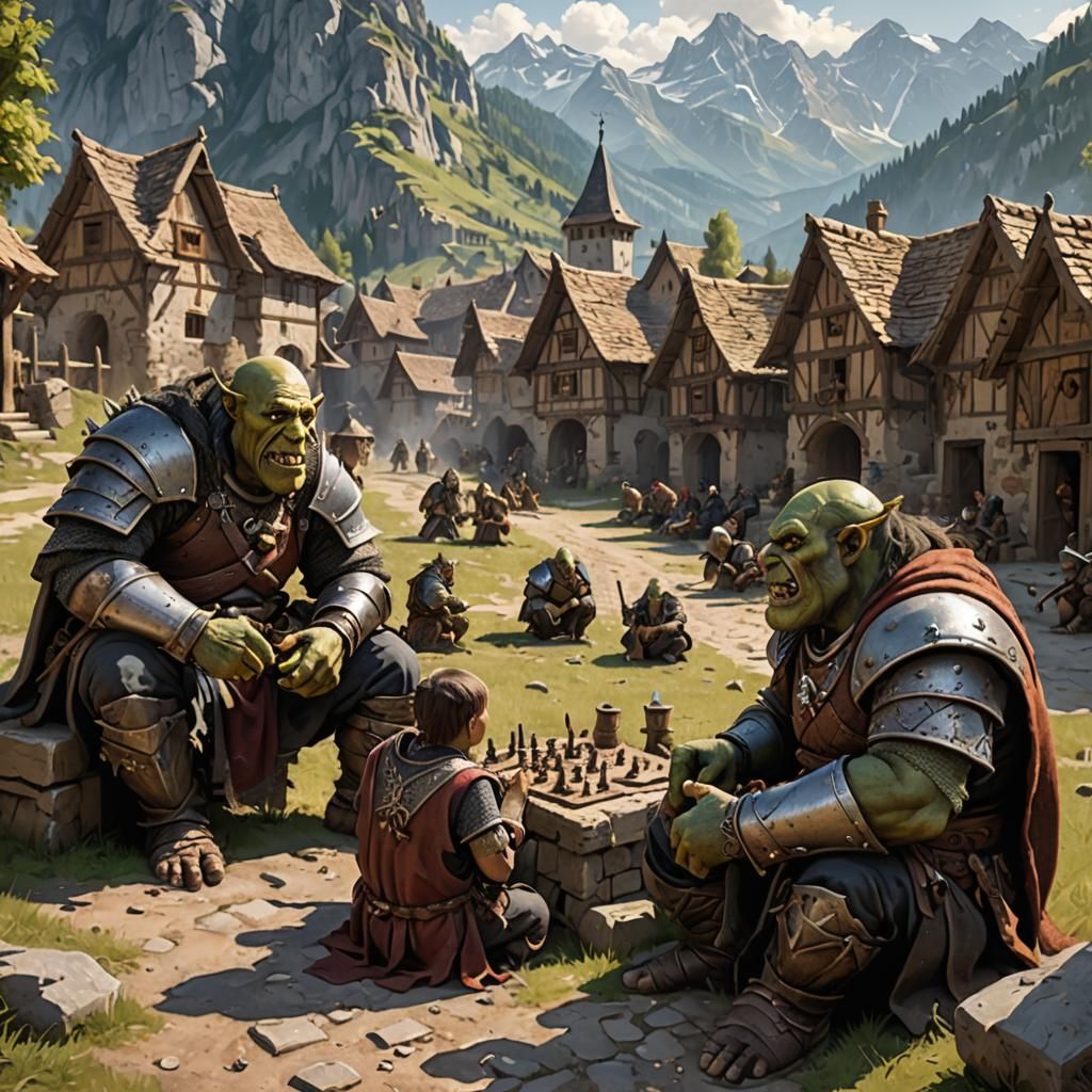 Orcs Playing Warhammer in Medieval Village