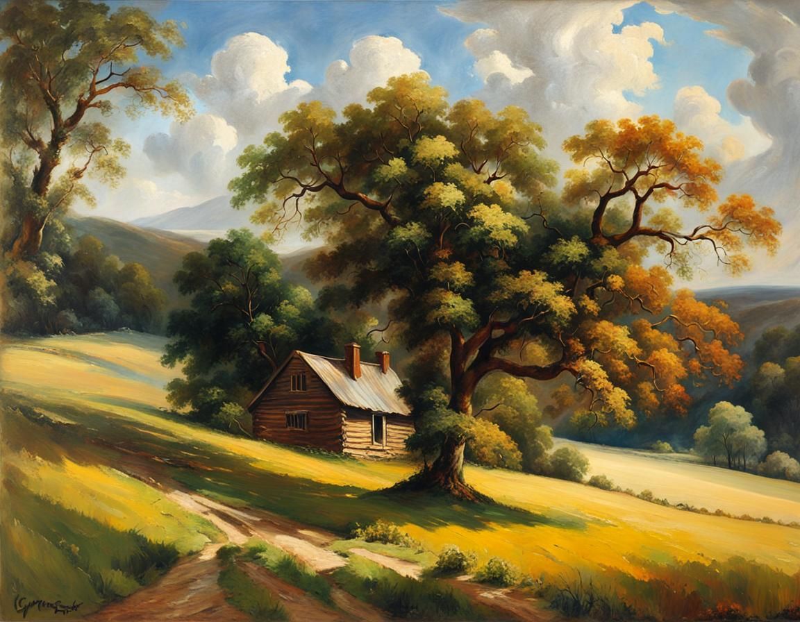 Idyllic Cabin Landscape in Oil Painting Style