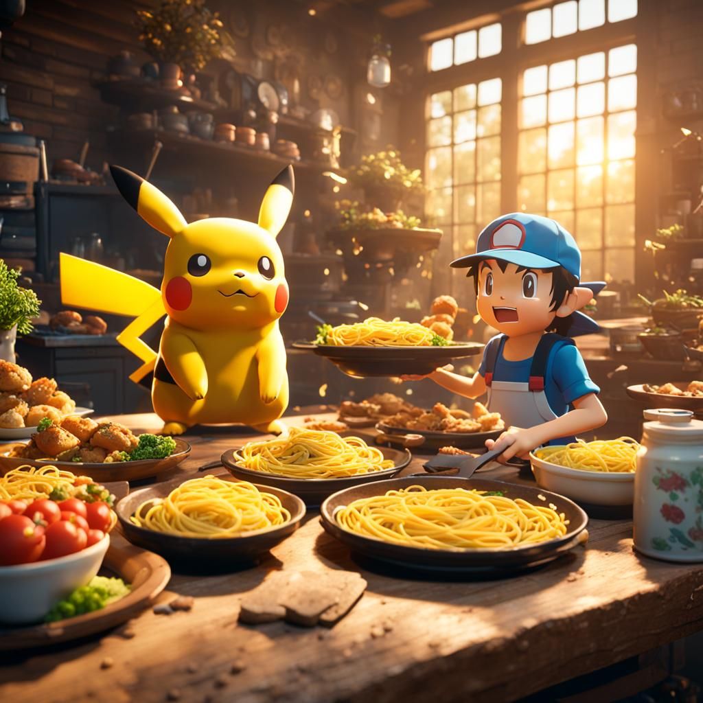 Ash and Pikachu Enjoy Pasta Buffet in 3D