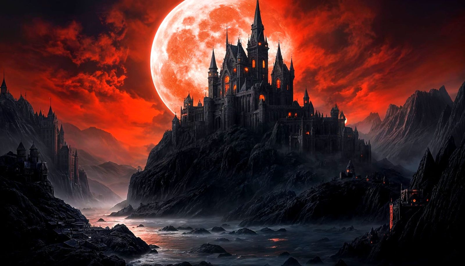 Gothic Castle Under Blood Moon, Hyperdetailed