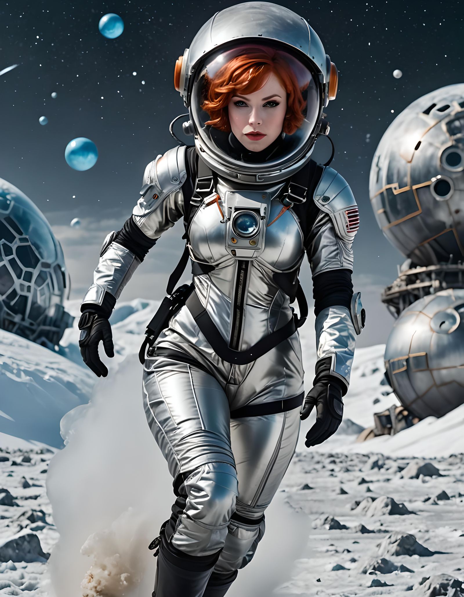 Redhead Astronaut Running on Frozen Ice Planet