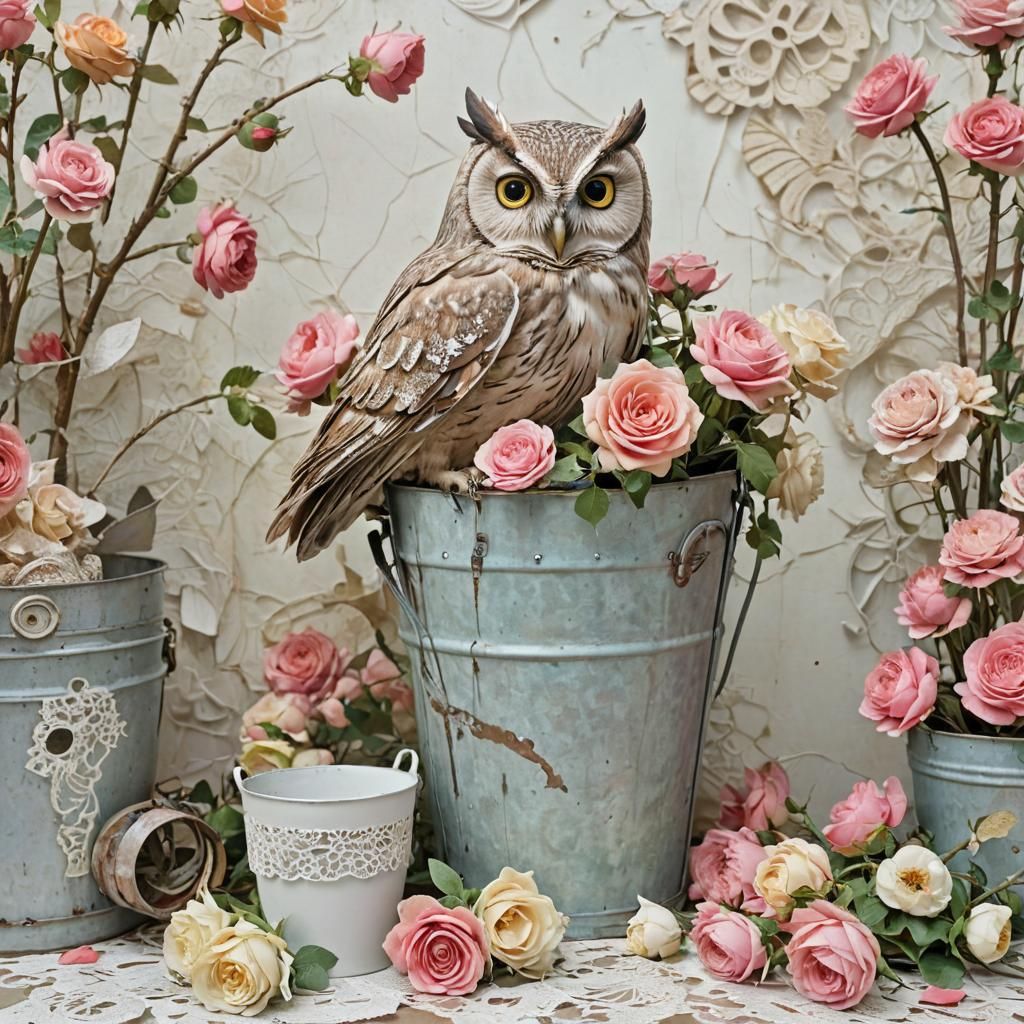 Owl and Roses Collage in Louise Bourgeois Style