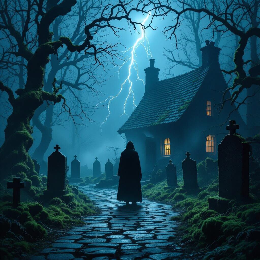 Eerie Night Scene: Dark Figure in Misty Woods