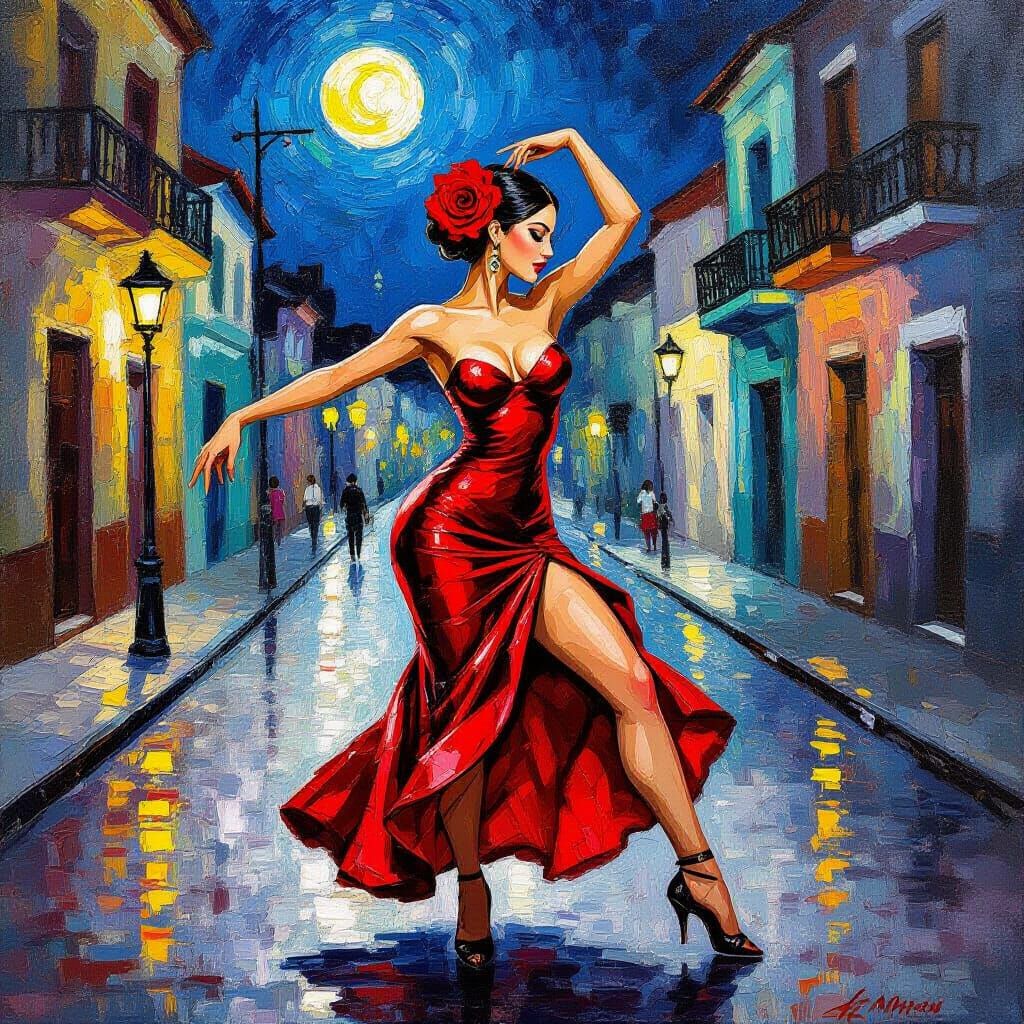 Female Dancer in Red Satin Tangoing in Cuba