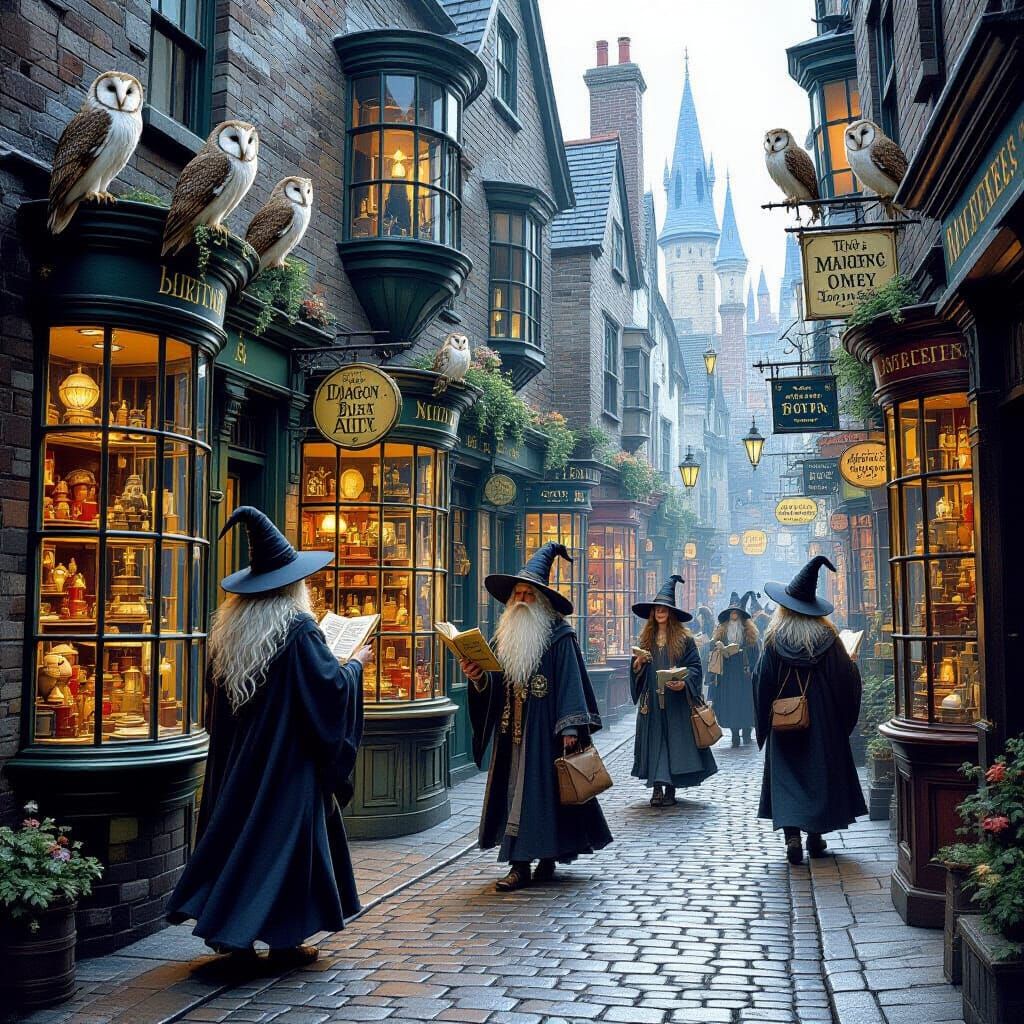 Wizards Browse Diagon Alley Shops in Dreamlike Fantasy Style
