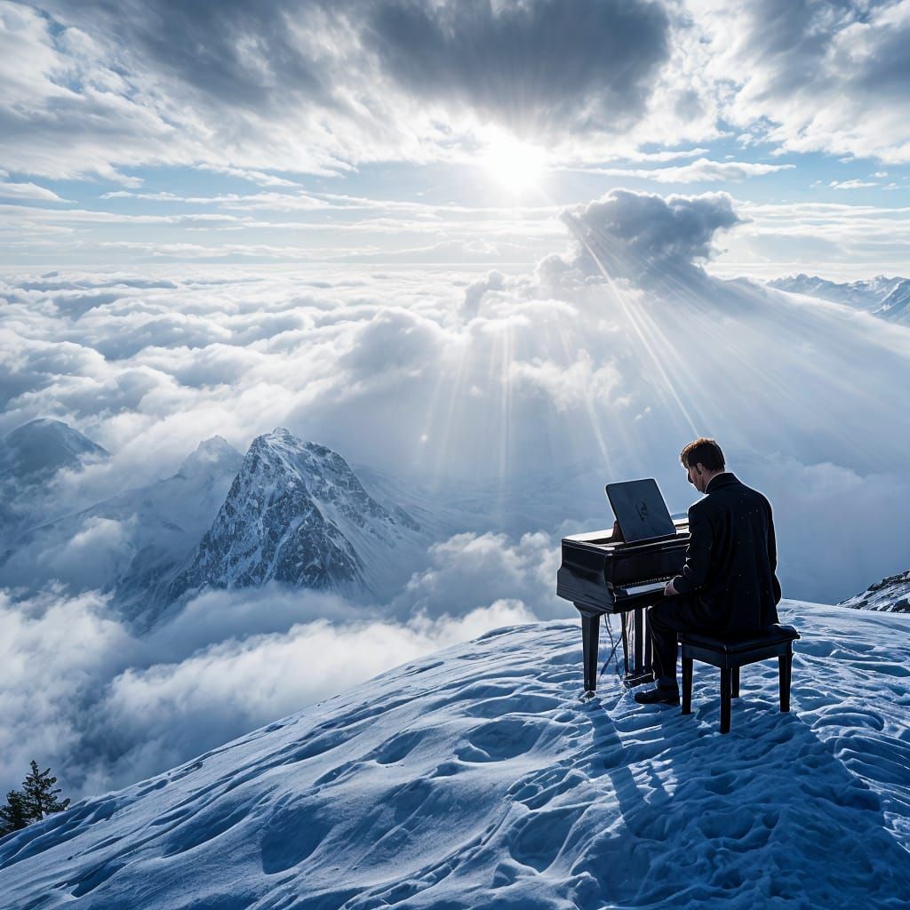 Grand Piano on Snowy Peak in Cinematic Style