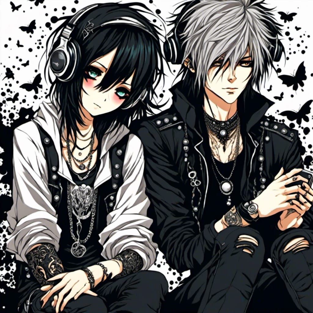 Anime Emo Couple Listening to Music