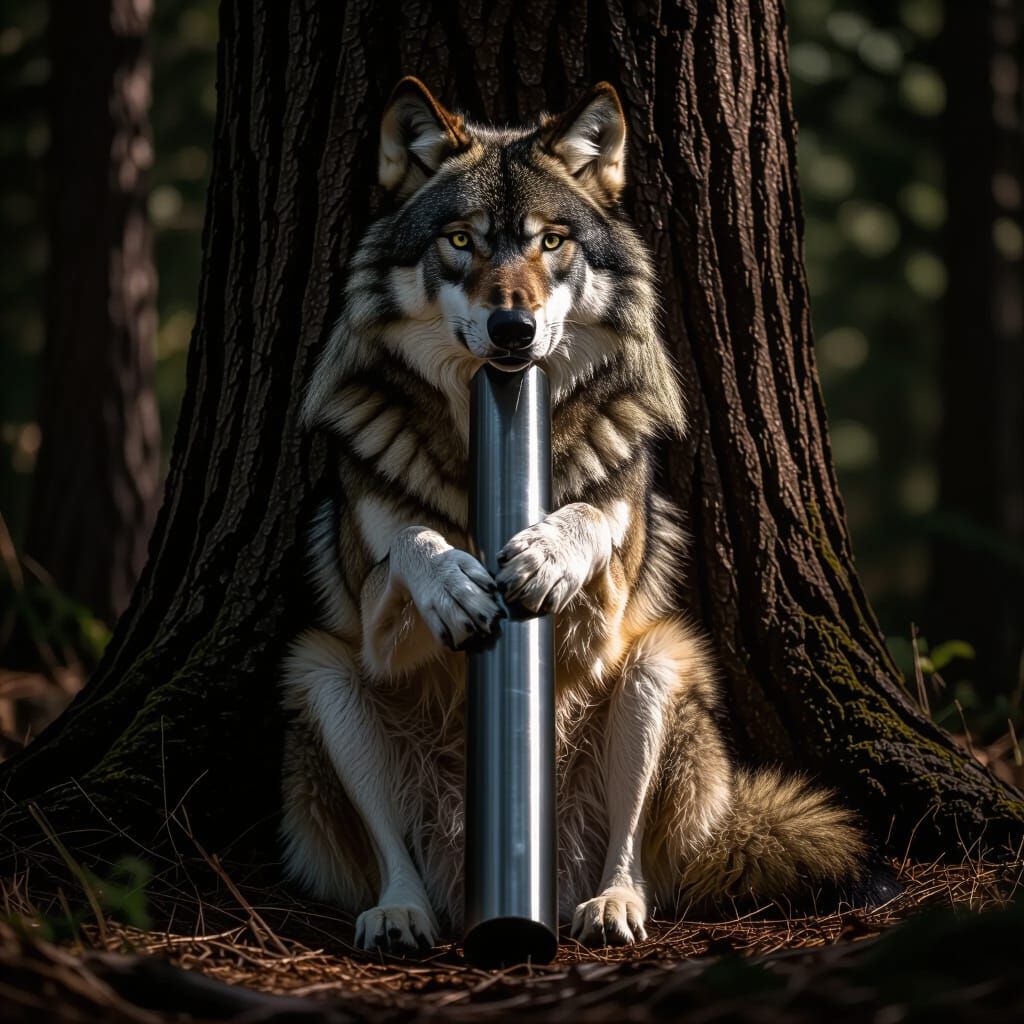 Photorealistic Wolf With Tungsten Rod in Forest