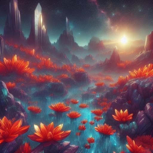 Alien Planet with Floating Lily Pads: Cel-Shaded Digital Art