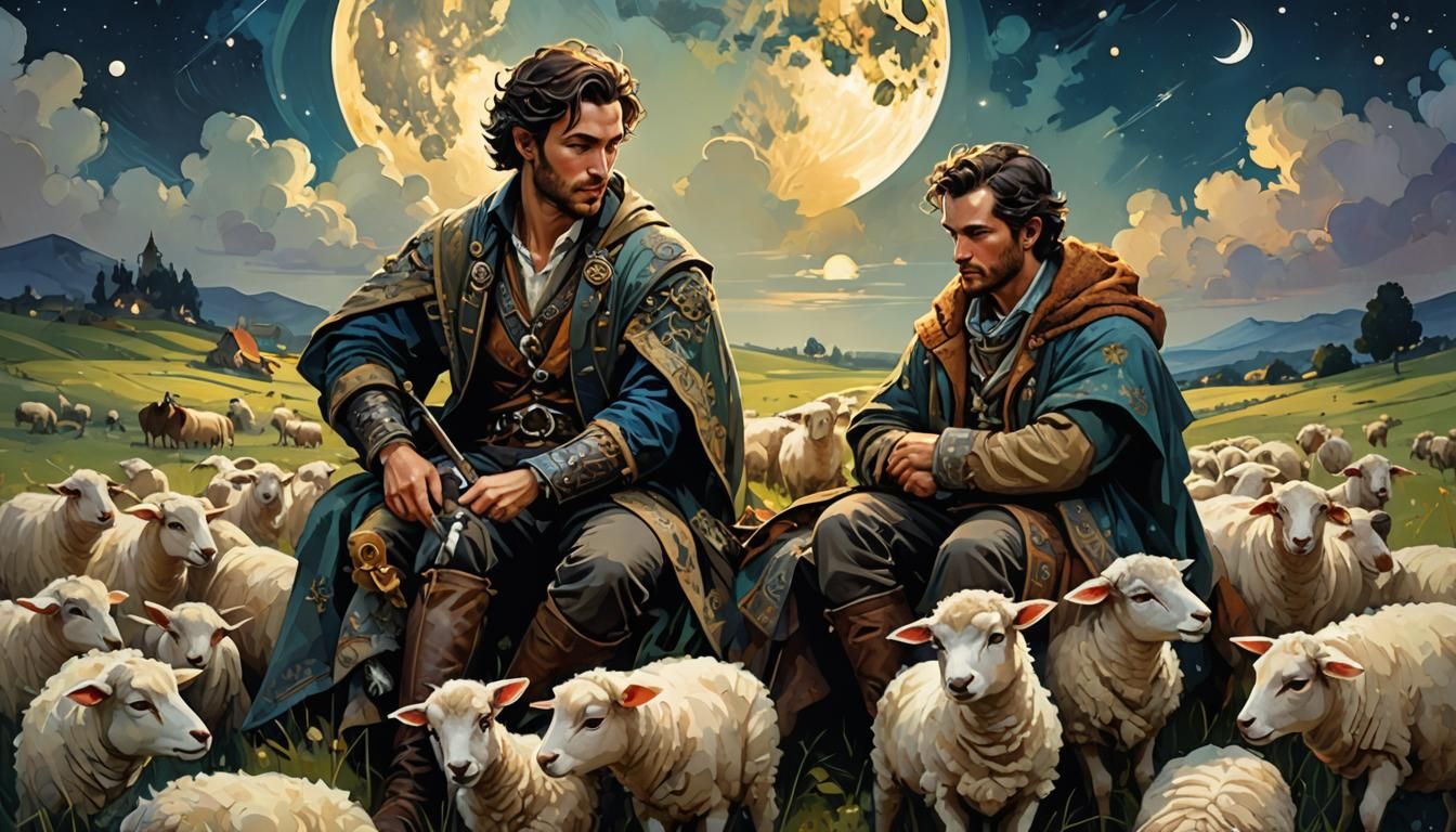 Shepherd and Sheep Under Bioluminescent Cosmic Sky