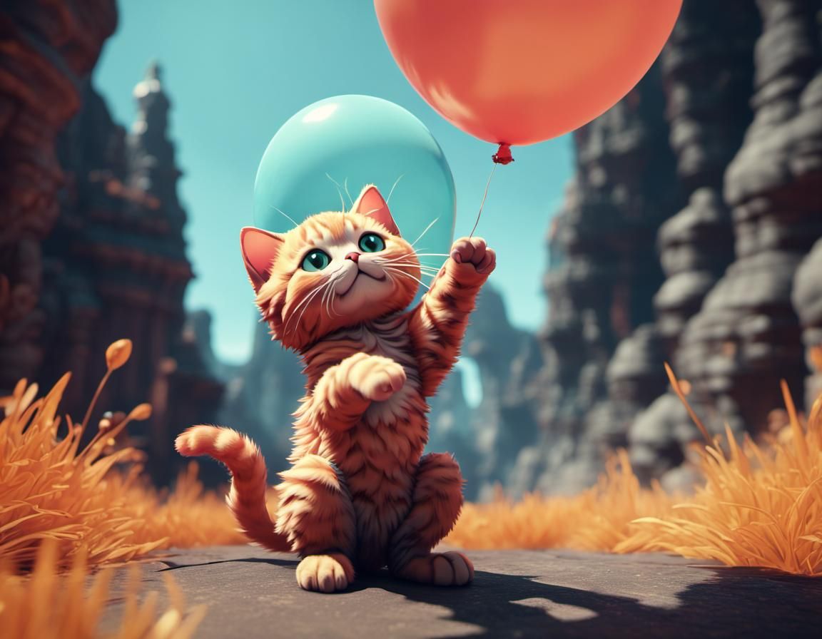 Cat with Balloon in Retro Anime Style