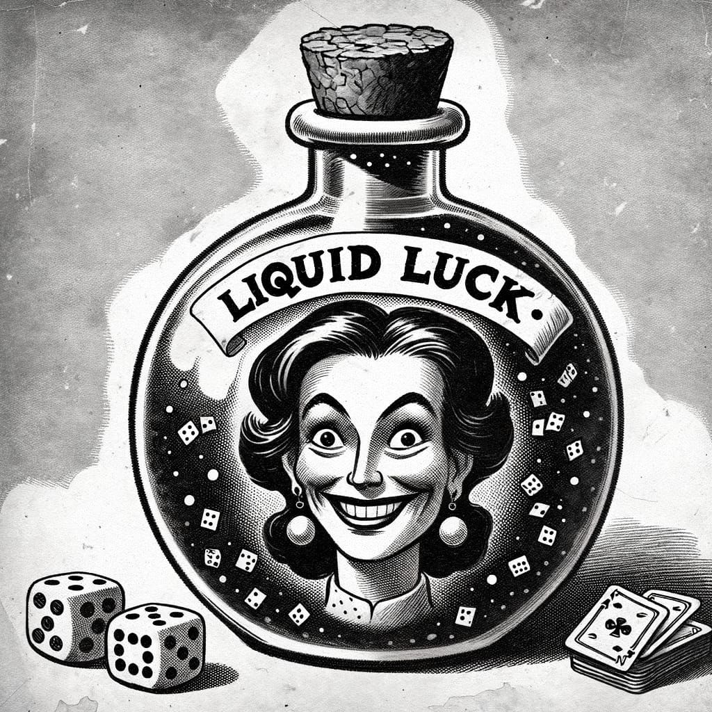 A Whimsical Potion Bottle with Dice, Cards, and a Mischievou...