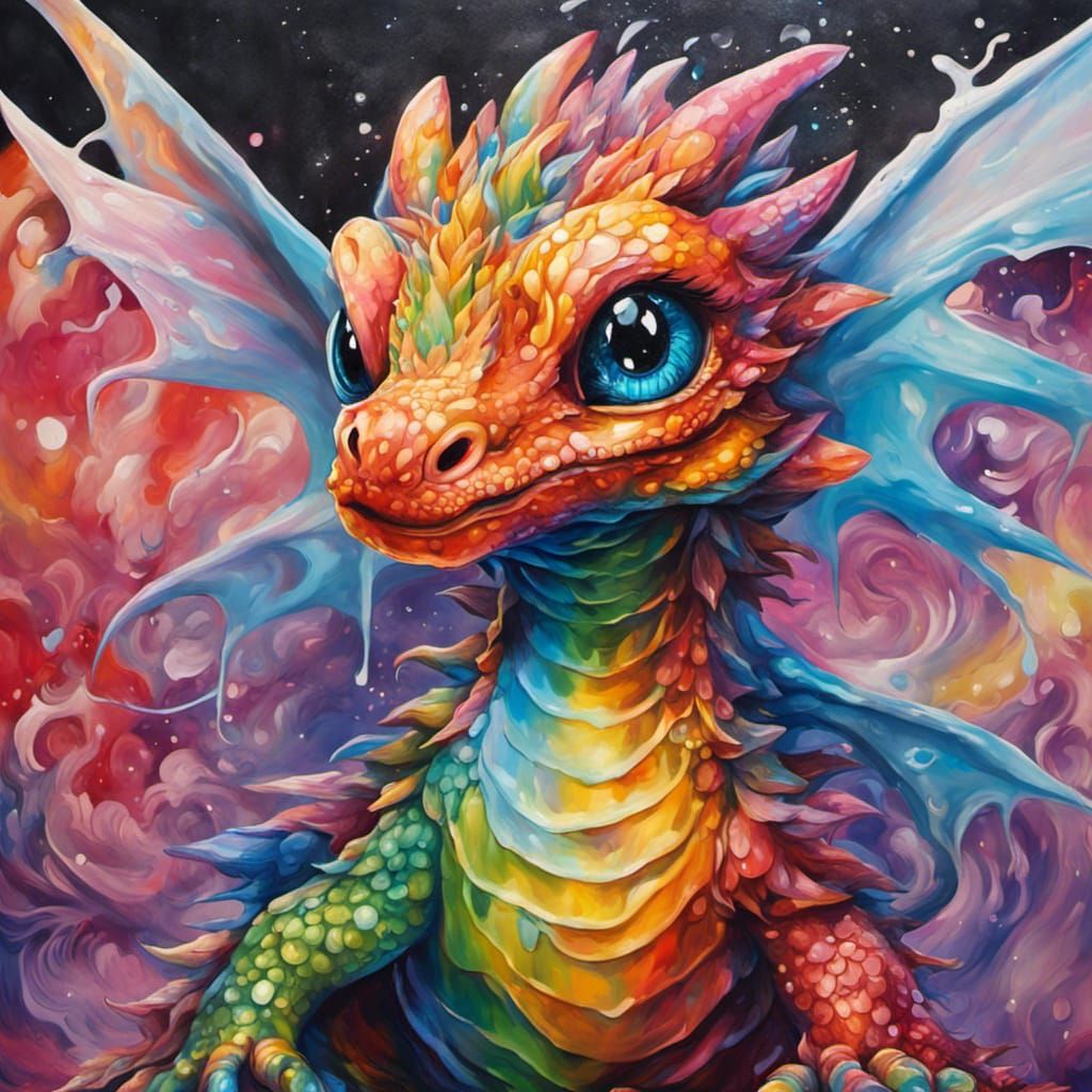 Vibrant Chibi Rainbow Dragon Emerges from Fantasy Floral Sce...