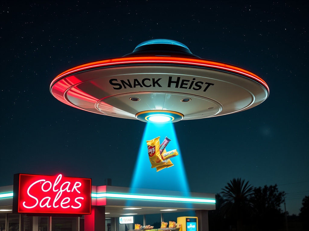 Sleek Saucer-Shaped UFO Steals Snacks from Gas Station at Ni...
