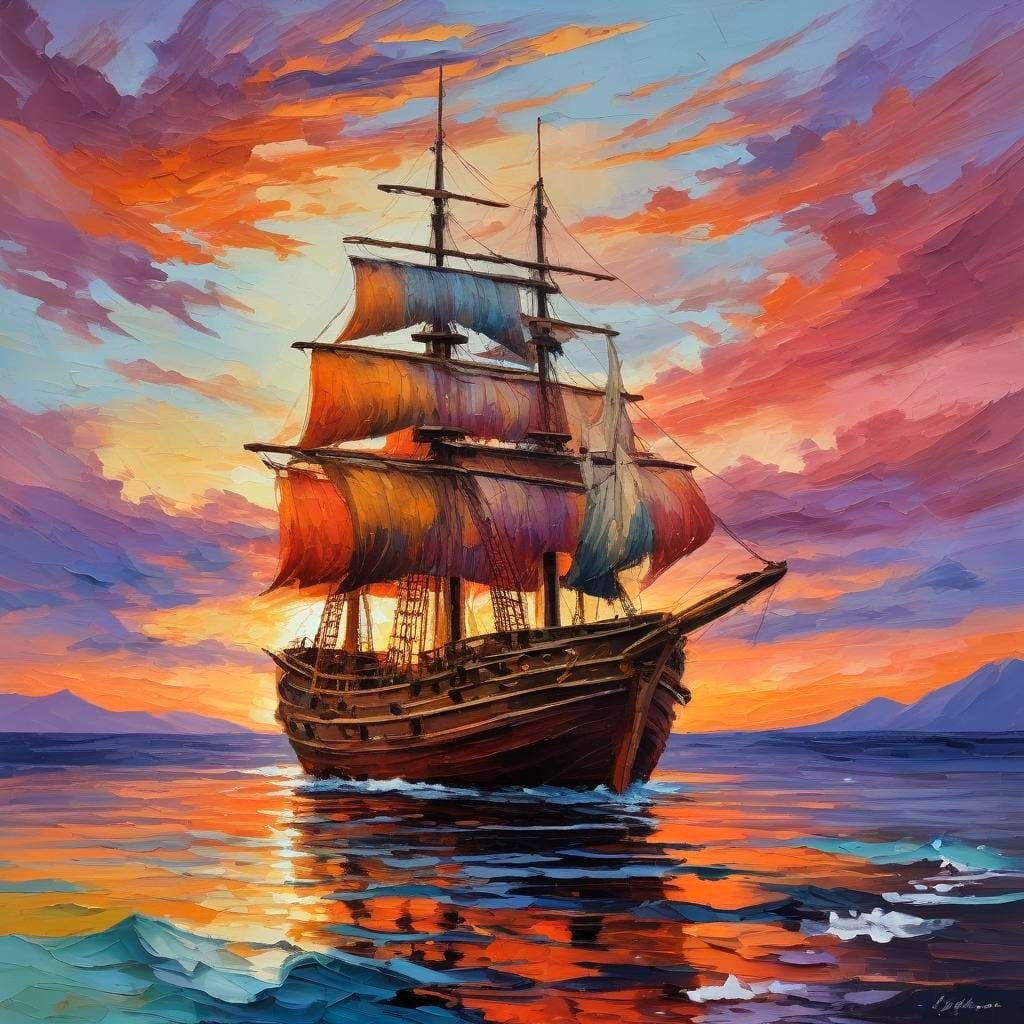 colorful sunset, wooden ship, impasto style