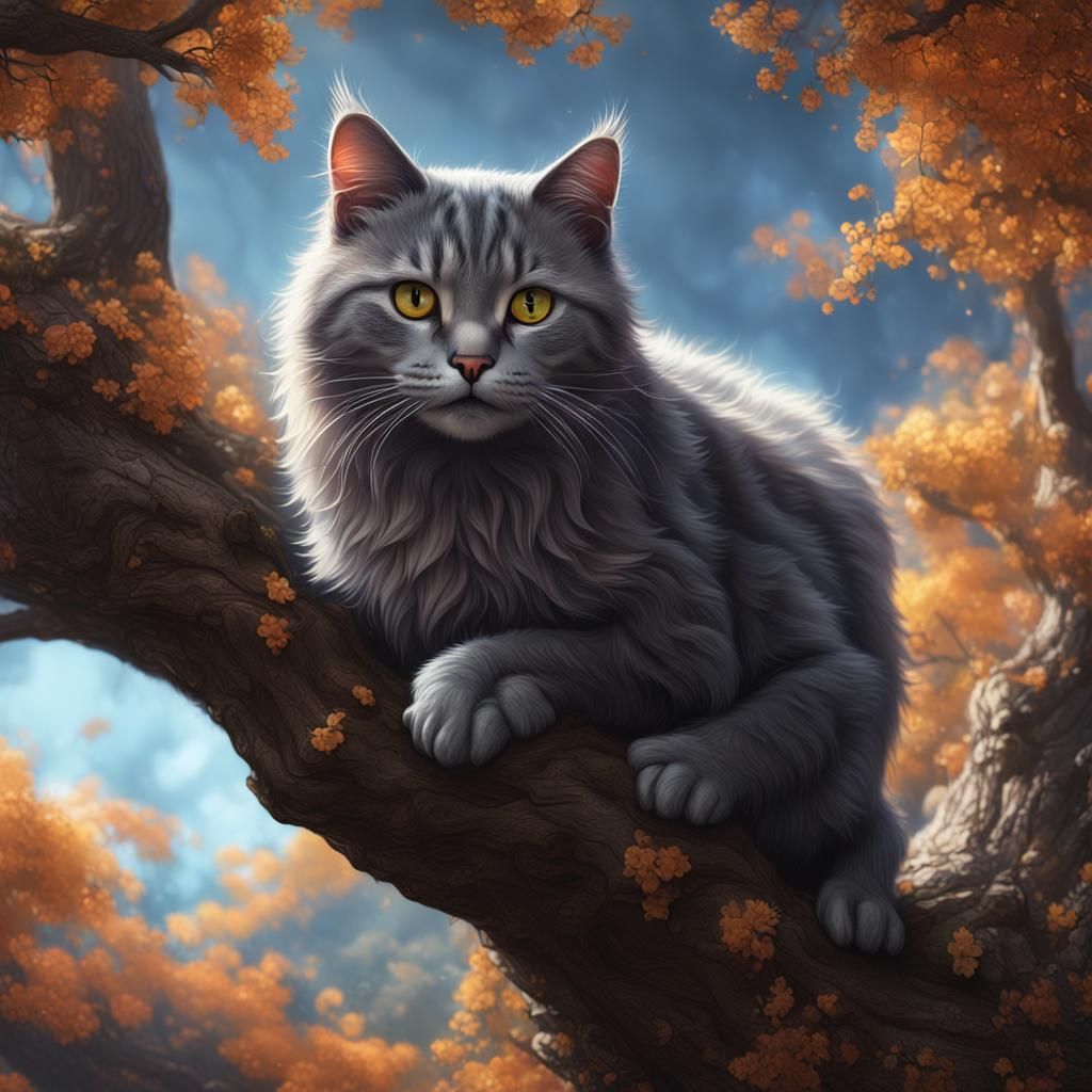 Gray Cat in Tree, Detailed Matte Painting