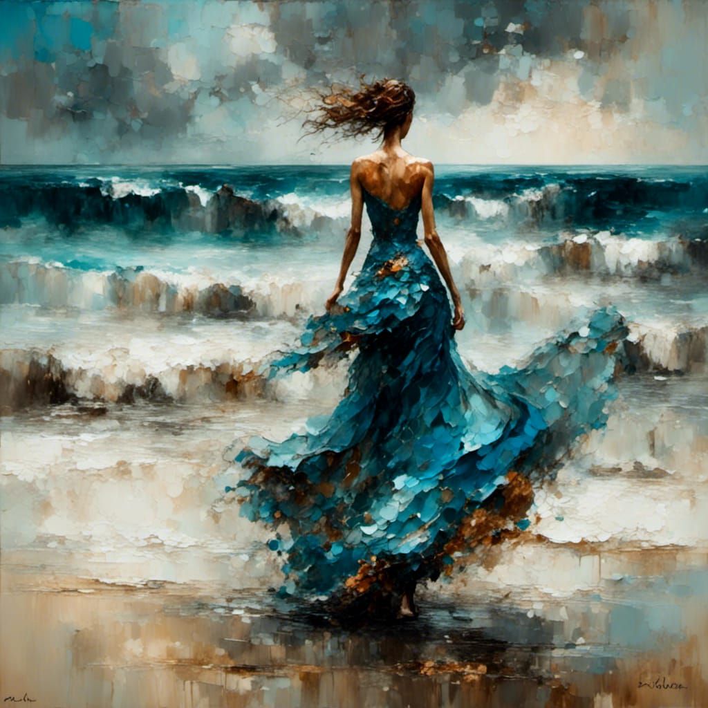 Woman on Windswept Beach: An Oil Painting