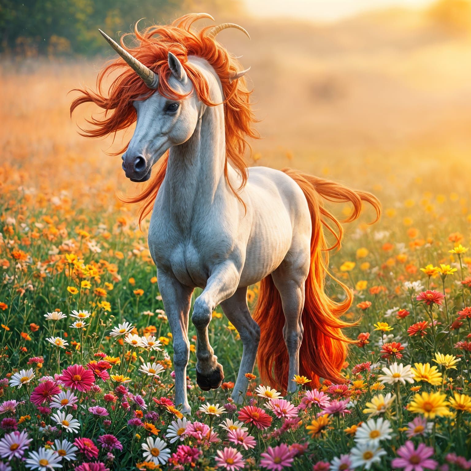 Regal Fire Unicorn in a Flower Field