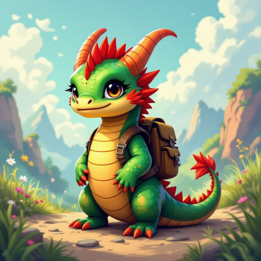 Colourful Baby Dragon with Scorpion Tail in Fantasy Landscap...