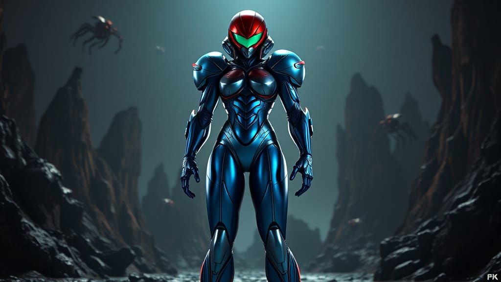 Samus Aran in Heroic Blue Zero Suit, Metroid Prime Landscape