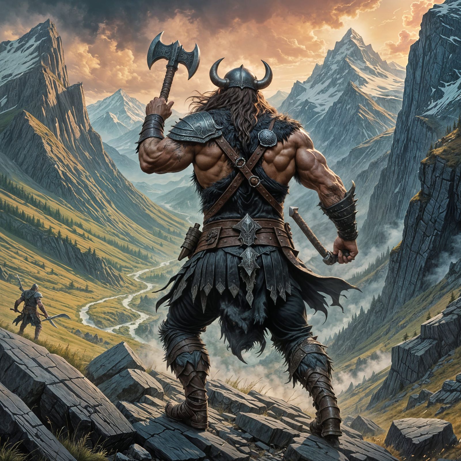 Dark Fantasy Berserker Charges Through Mountain Pass