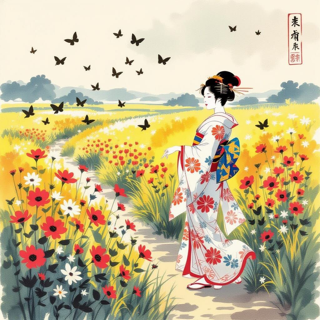 Butterflies Dance in Sunlit Meadow: Japanese Ink Painting