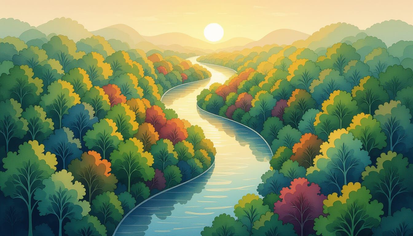 Winding River Through Zentangle Forest, Bird's-Eye View