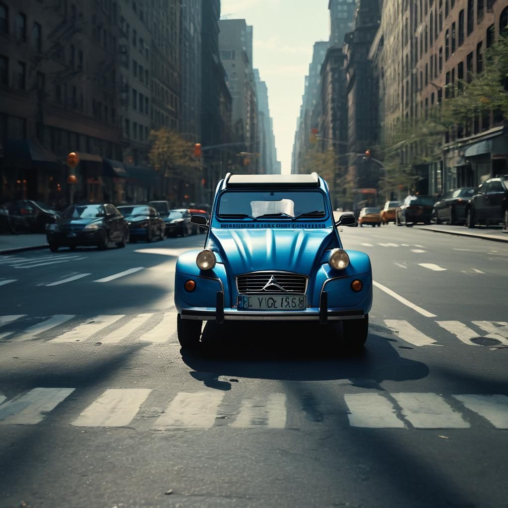Blue Citroën 2CV in New York: Cinematic Film Still