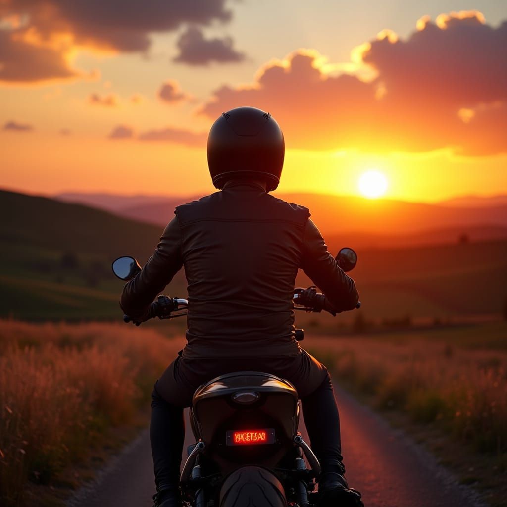 Motorcyclist Rides Into a Breathtaking Sunset Landscape