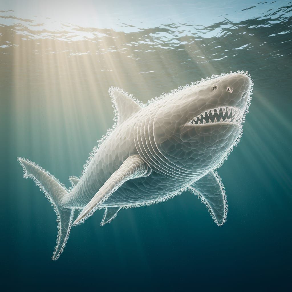 Glowing Megalodon Emerges from Tranquil Ocean Depths