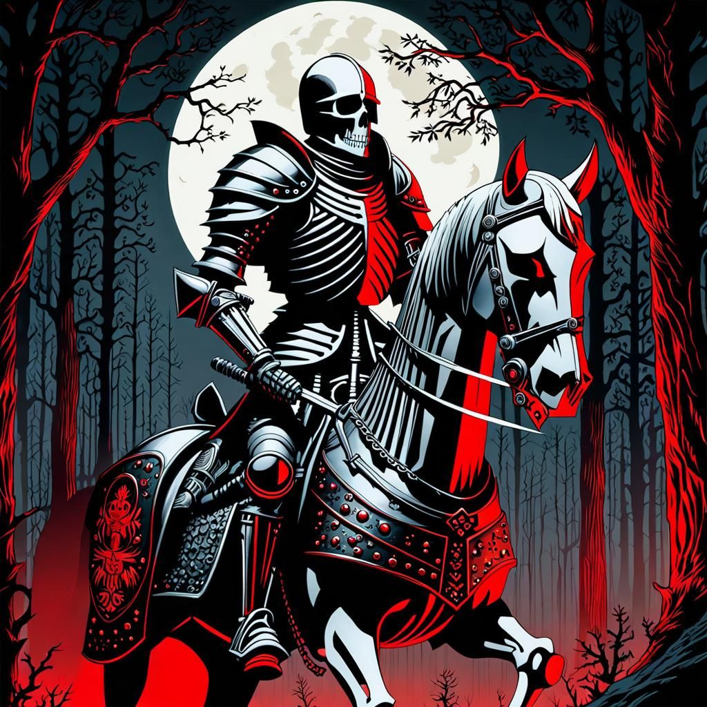 Skeleton Knight on Horse in Dark Steampunk Forest