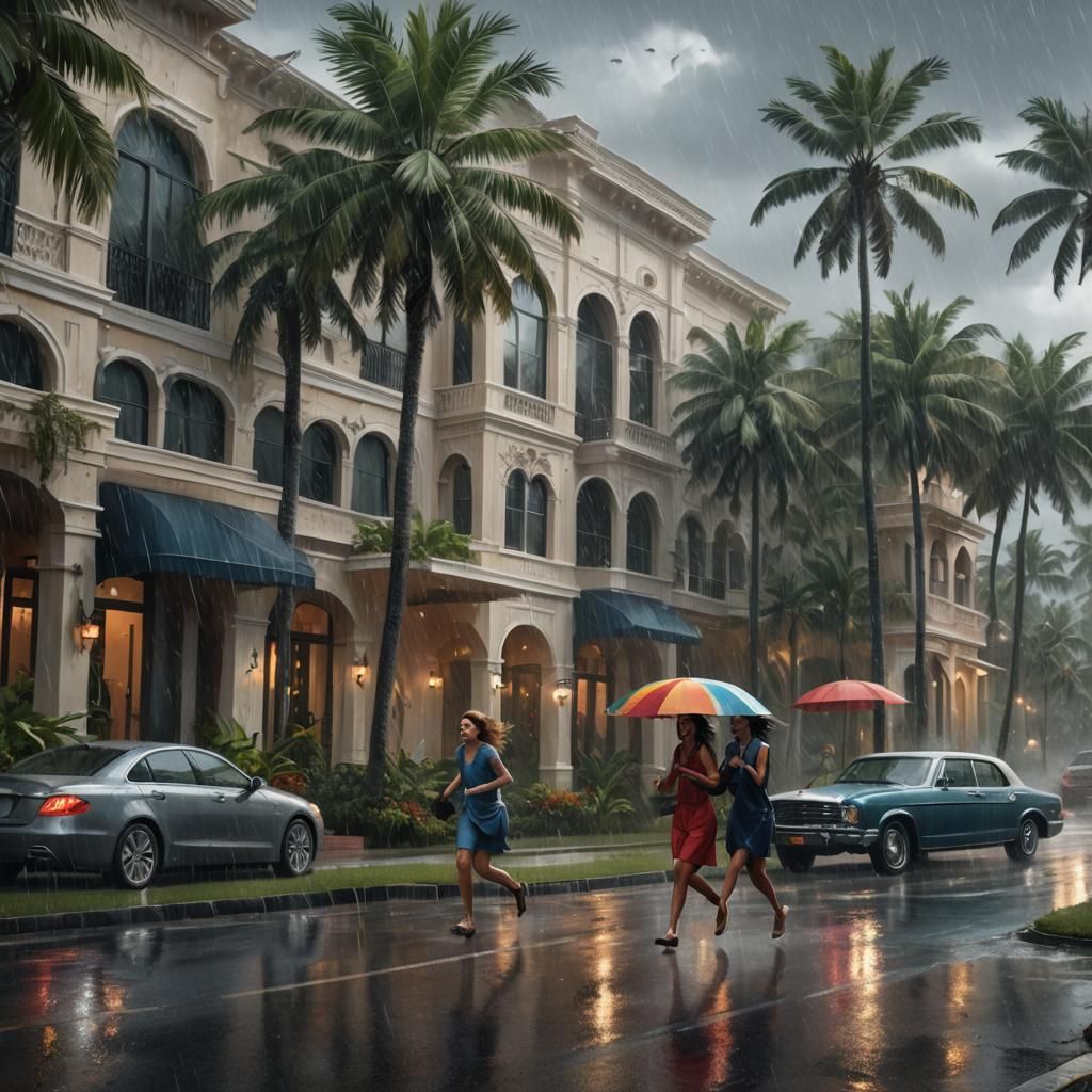 Hurricane in Florida: Women Running to Condominium