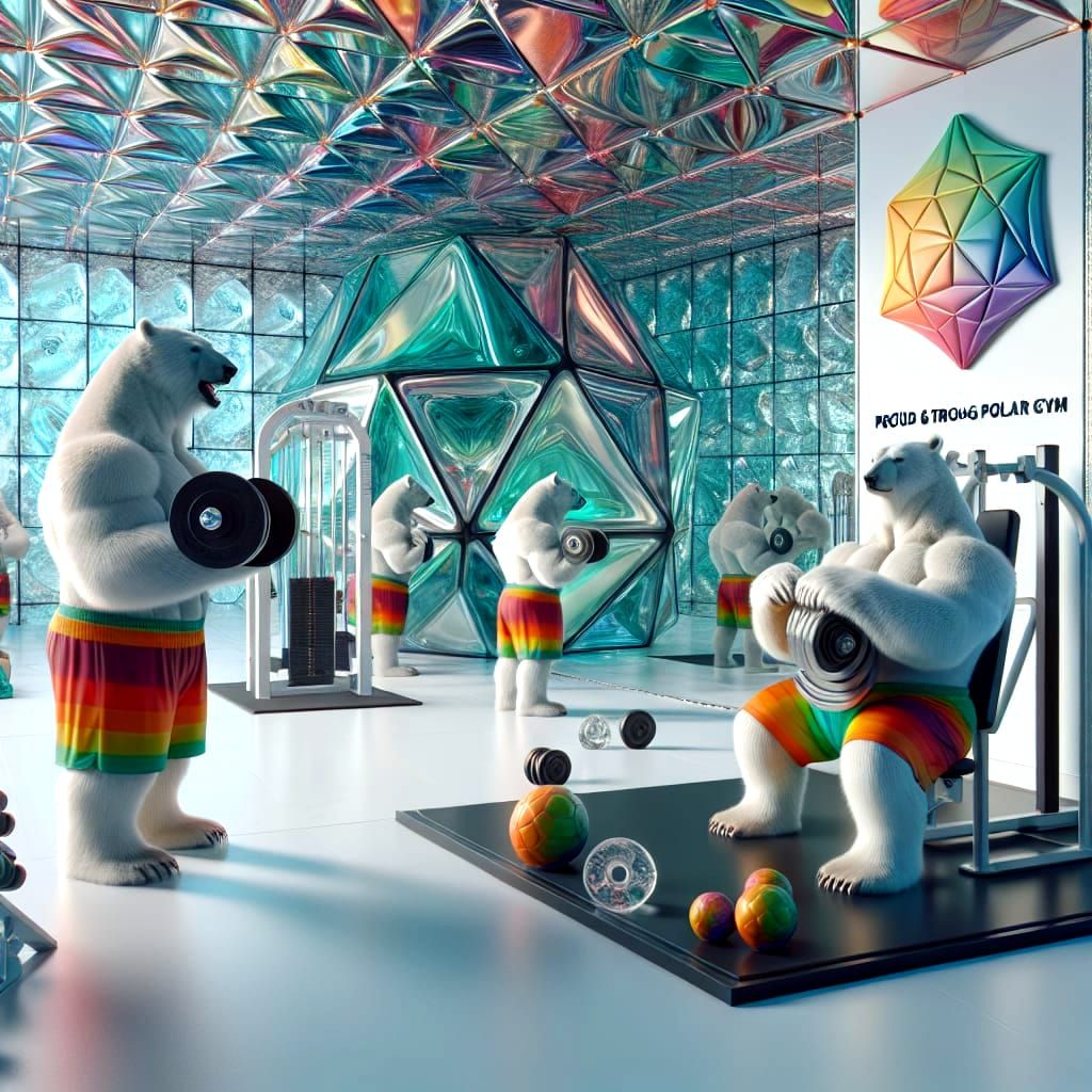Surrealism,  Humanoid polar bears wearing workout attire lif...