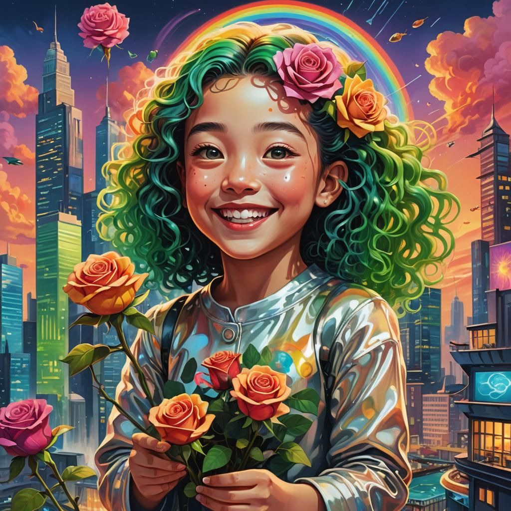 Rainbow Hair Girl in Neon Cityscape, Splash Art