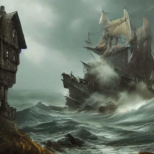 Flying Dutchman Amidst Stormy Seas, Digital Matte Painting