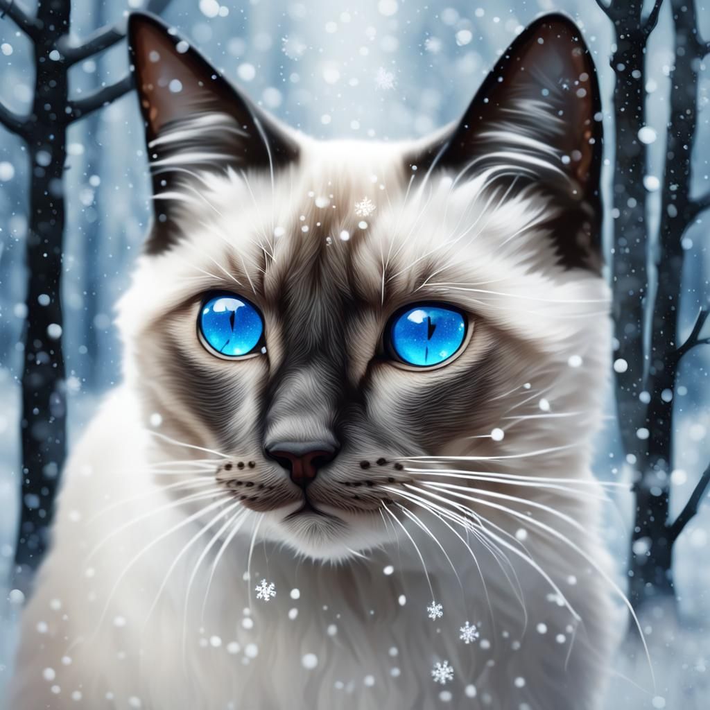 Siamese Cat Walking in Snowy Enchanted Forest