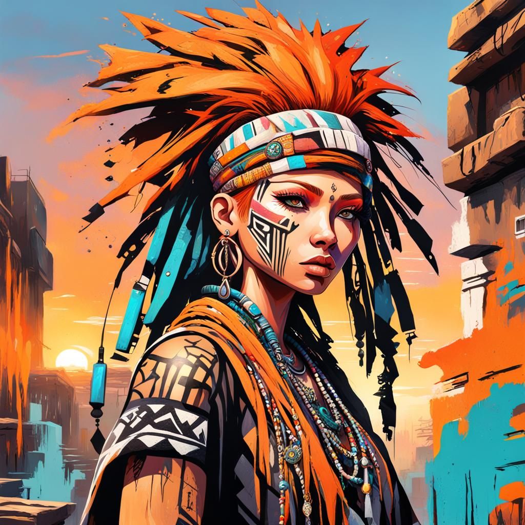 Girl in Tribal Outfit in Graffiti Art Style