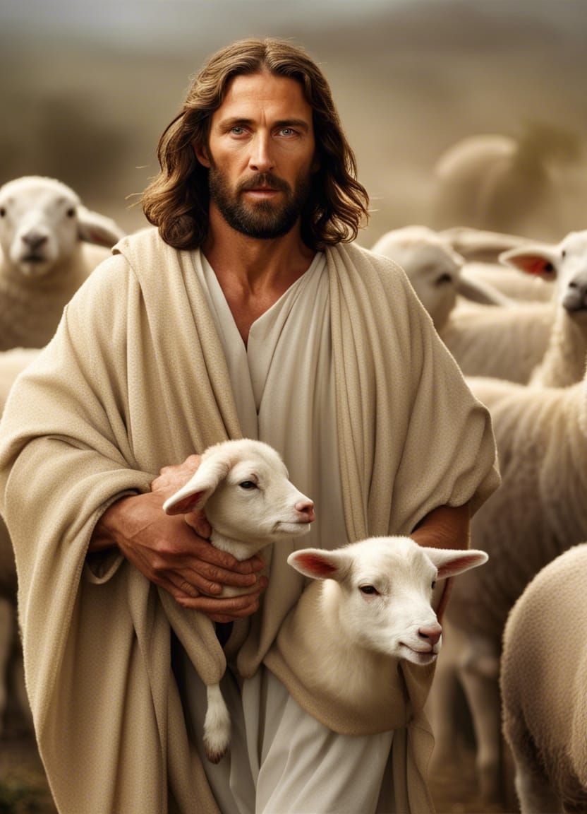 Realistic Portrait of Jesus Christ with Lambs