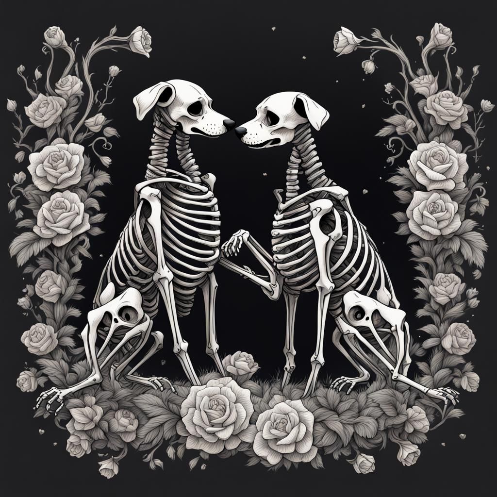 Dog Skeletons in Love: Detailed Anatomical Sketch