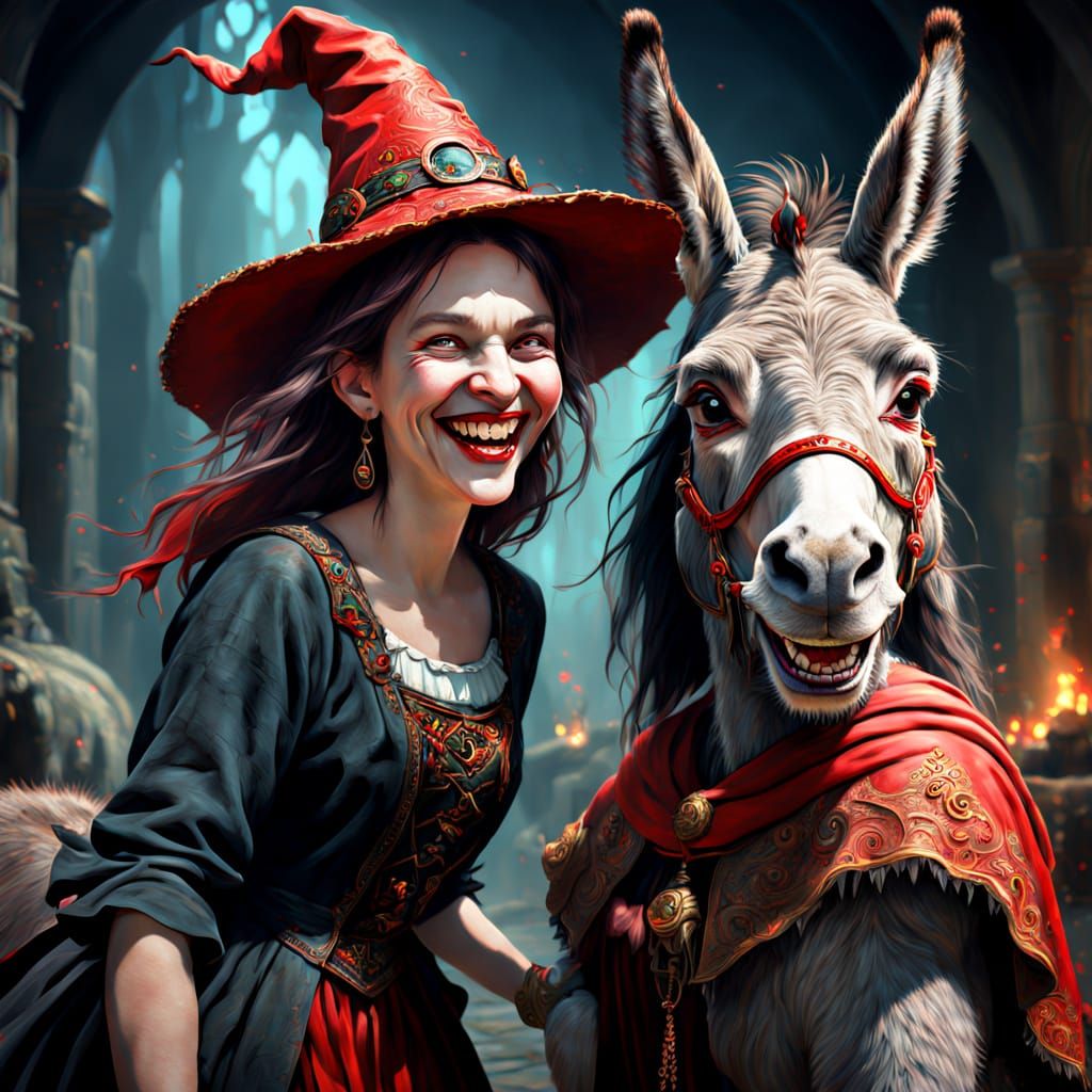 Friendly Witch and Donkey in Detailed Fantasy Style