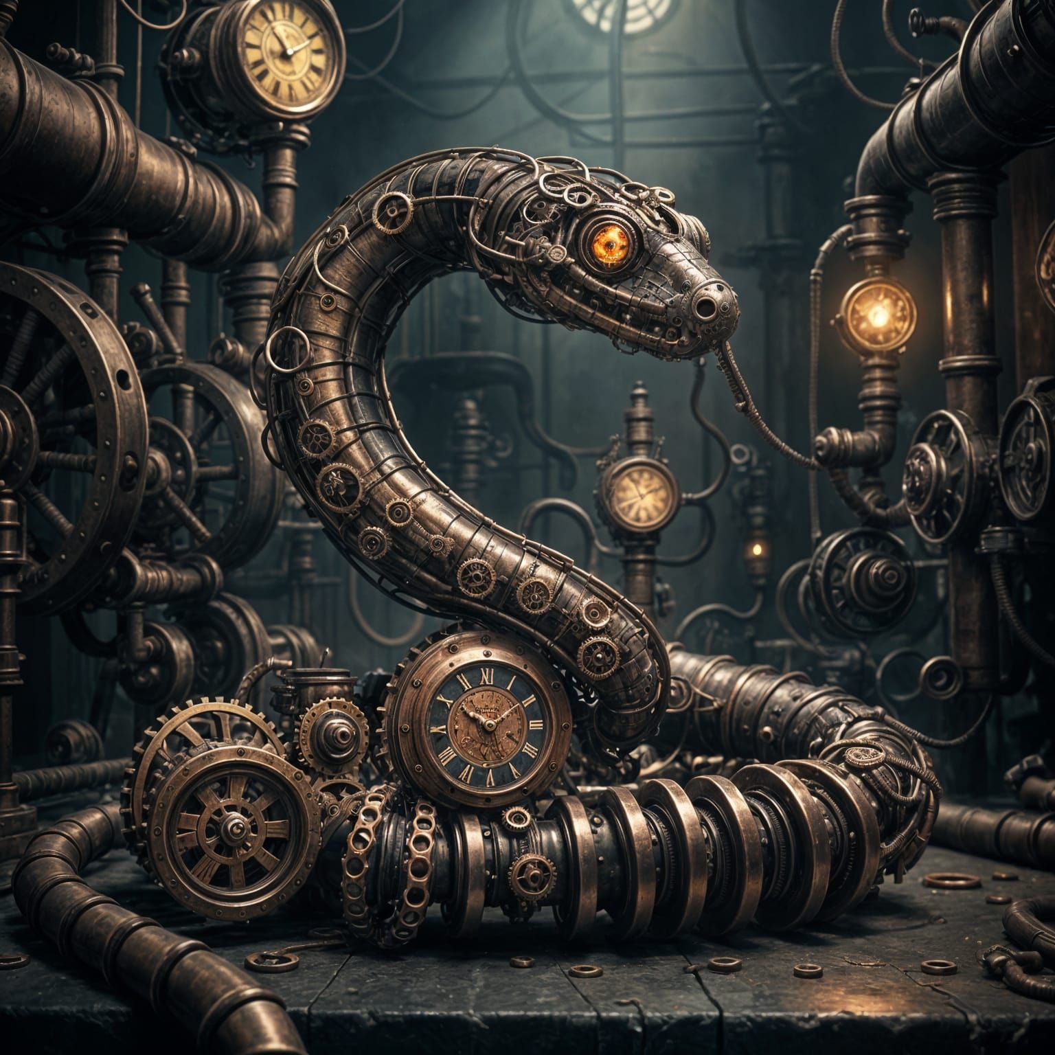 Coiled Steampunk Snake of Brass and Gears