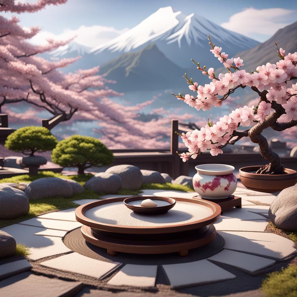 Beautiful Japanese Zen Garden with Cherry Blossom Bonsai