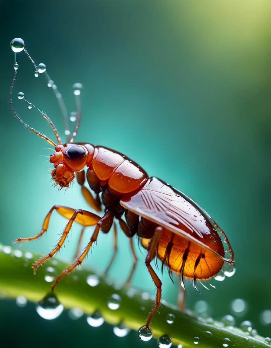 Flea Trapped in Dewdrop: Hyperrealistic Macro Photography