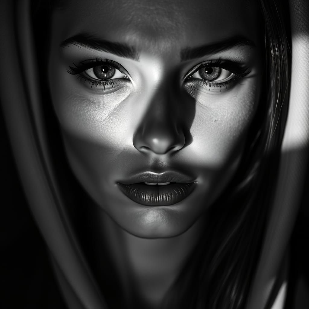 Elegant Supermodel in High-Contrast Black and White Portrait