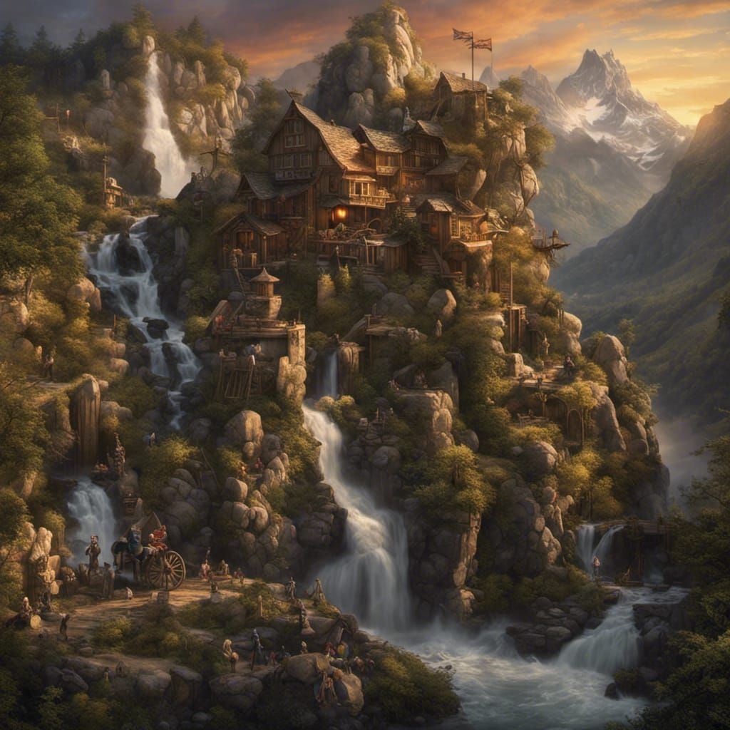 Mountainous Landscape, Village, sunset, waterfall, Studio setting with soft lighting, intricate pirate attire, by Ansel ...