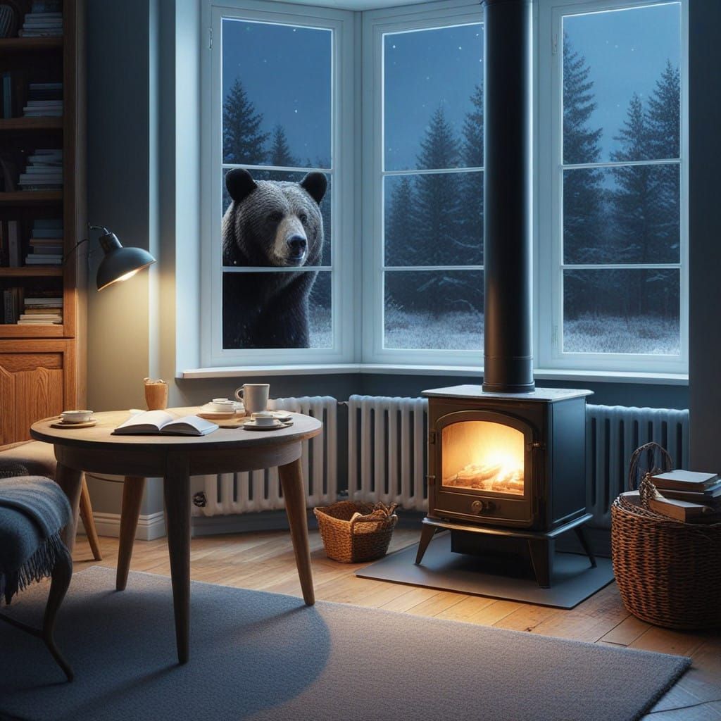 Warm Cabin Scene with Snowy Bear outside