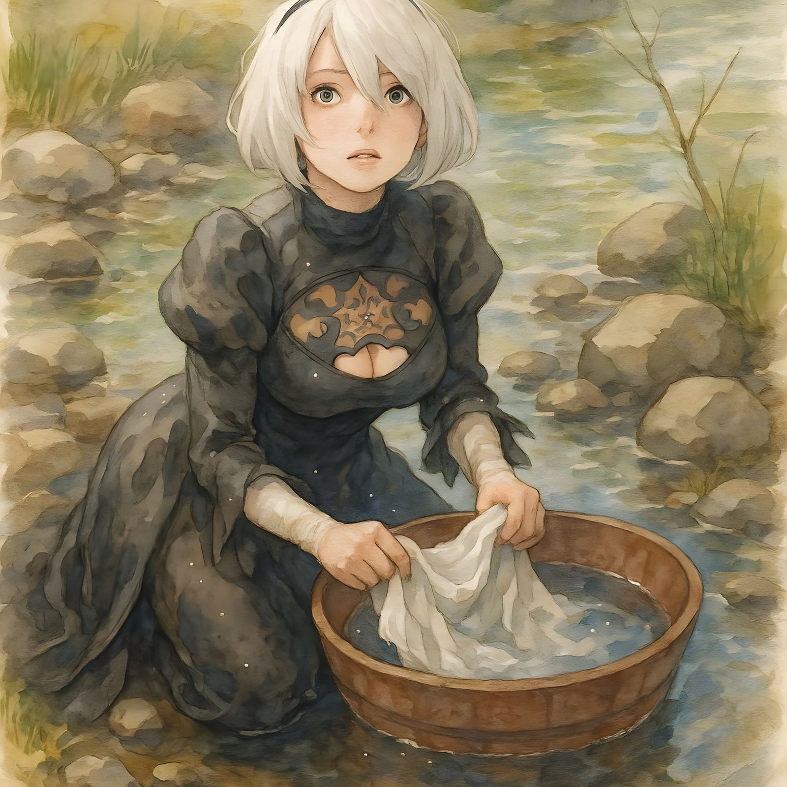 2B Nier Automata in Vivid Watercolor Illustration