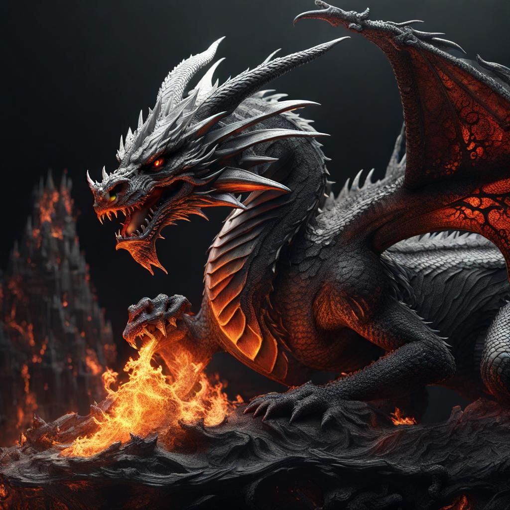 Detailed Black and White Dragon with Fire