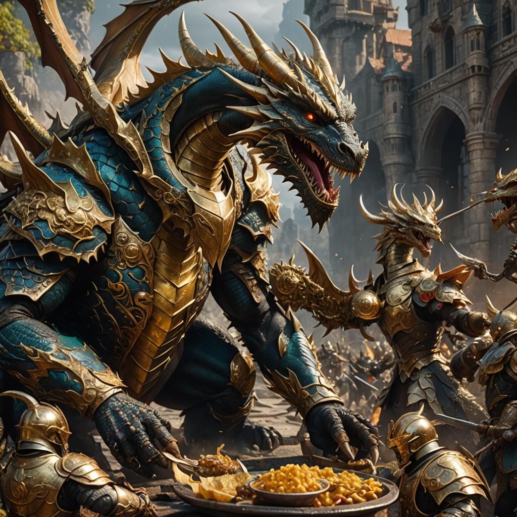 Golden Armored Dragon Devouring Warriors, Fantasy Art