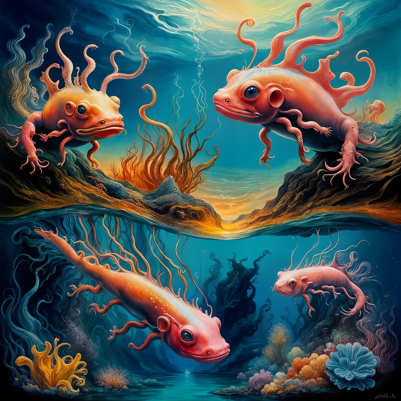 Axolotl Explorers in Surreal Underwater Wonderland